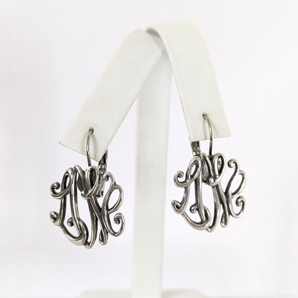 Vintage Love Scroll Monogram Silver Tone Plated Pierced Earrings Lever Back - Picture 1 of 4